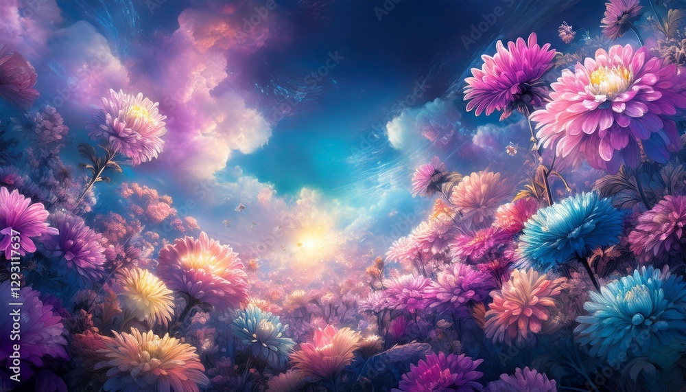 Fototapeta premium Chrysanthemum Flowers Field against the sky in painting style image, part 2