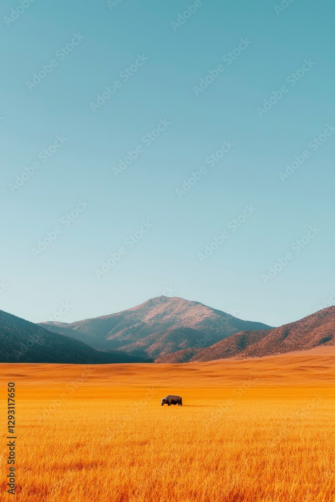 Obraz premium Solitary structure in vast golden field, mountain backdrop