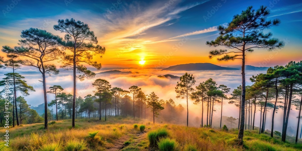 Misty Dawn at Tat Mok National Park: Majestic Pine Forest Landscape in Phetchabun, Thailand Misty Dawn at Tat Mok National Park: Majestic Pine Forest Landscape in Phetchabun, Thailand