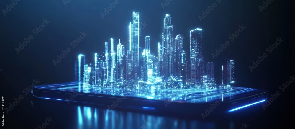 Fototapeta premium Abstract Cityscape on Mobile Device Glowing with Futuristic Design