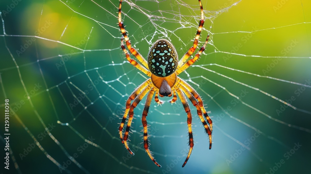 Colorful spider weaving intricate web to catch mosquitoes in lush garden during daylight. Be Kind to Spiders Week Colorful spider weaving intricate web to catch mosquitoes in lush garden during daylight. Be Kind to Spiders Week