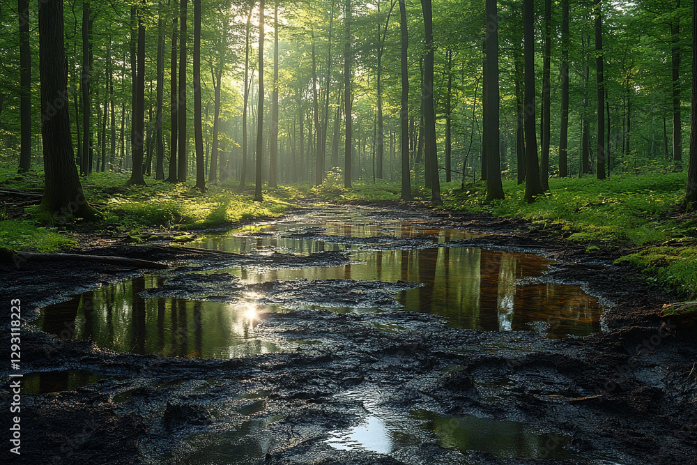 Obraz premium Sunlit Canopy Reflections on Forest Floor, A Muddy Path Amidst Greenery