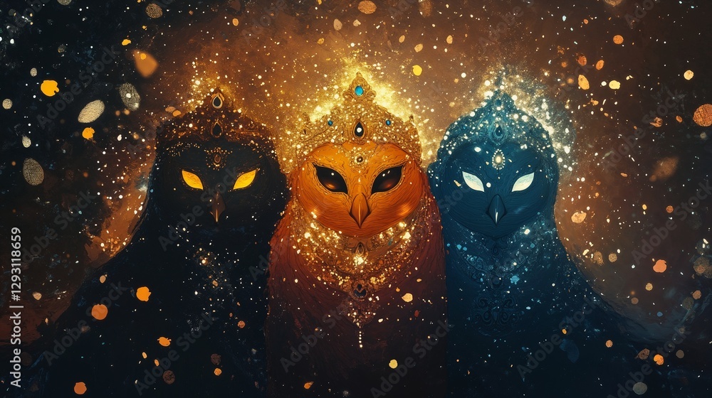Fototapeta premium A mystical, semi-realistic digital painting of Lord Jagannath, Balabhadra, and Subhadra seated in their chariots, their divine auras radiating against a golden sky.