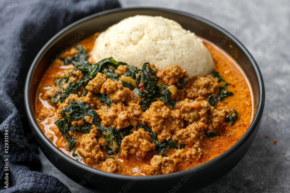 Minced meat stew with kale and side of couscous in bowl Minced meat stew with kale and side of couscous in bowl