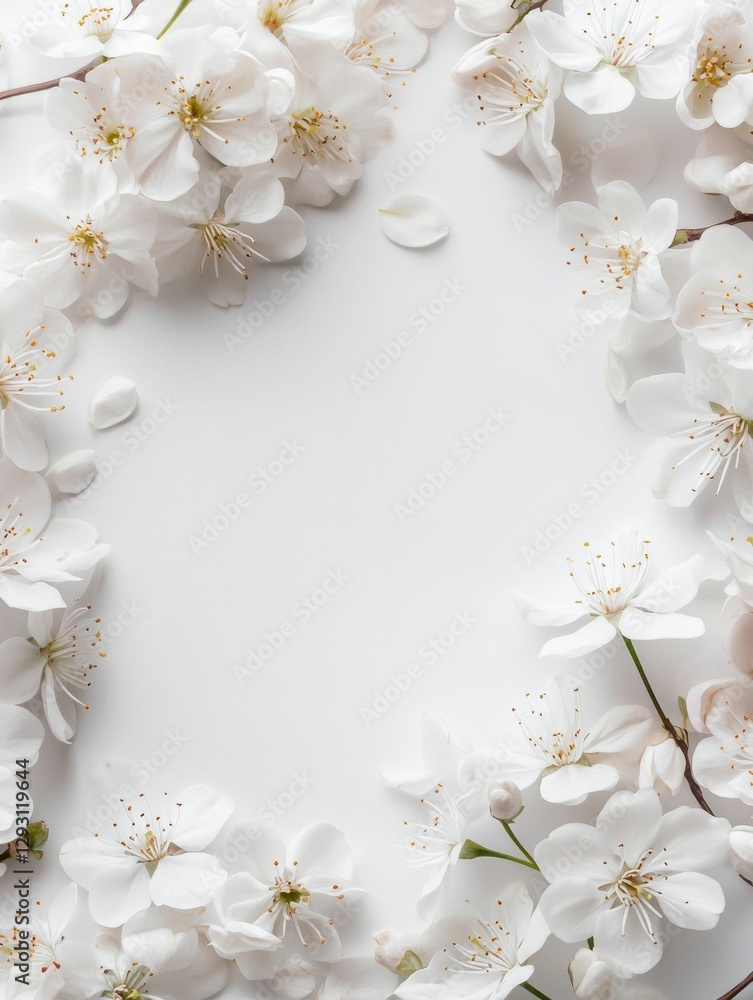 White flowers frame the background with copy space for text. The background features delicate white blossom White flowers frame the background with copy space for text. The background features delicate white blossom