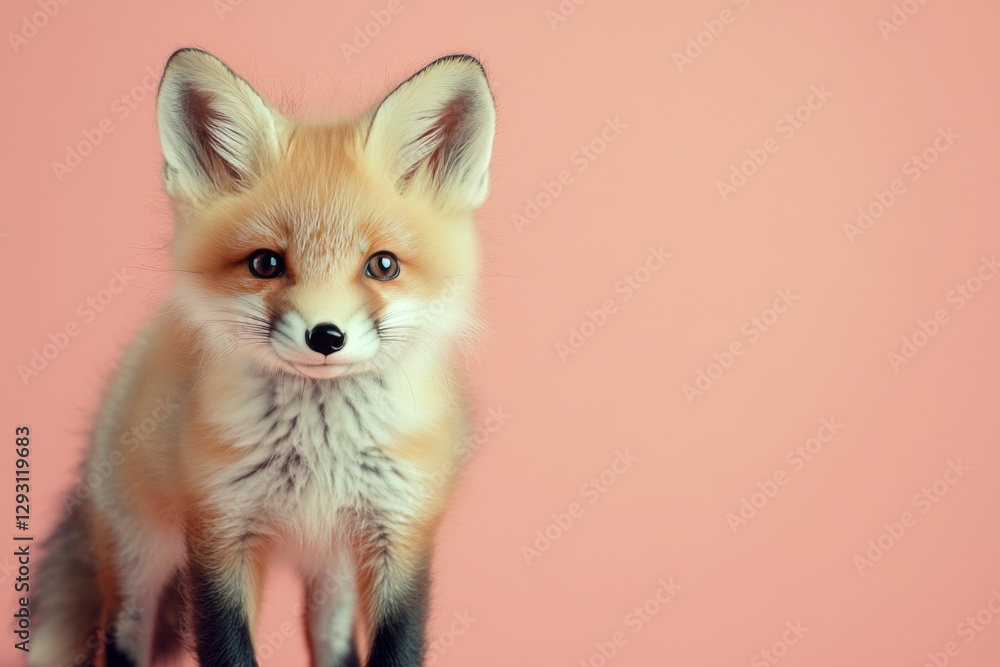 Obraz premium Cute baby fox standing against a soft pink background during daylight in a playful pose
