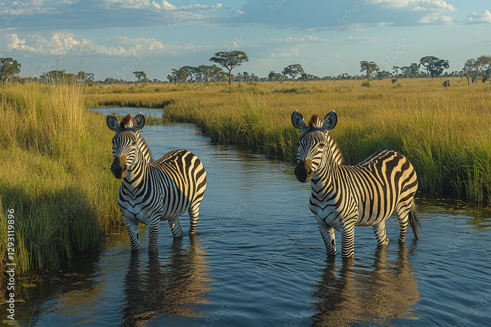 Obraz premium Zebra Serenity, Reflections in the River of the African Savannah