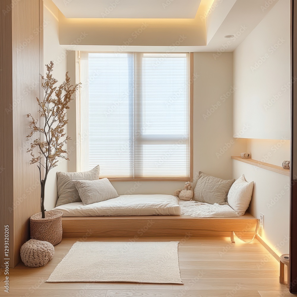 Fototapeta premium Comfortable reading nook featuring pillows and soft natural lighting