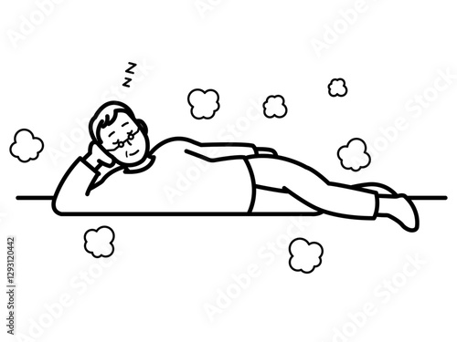 床暖房の暖かさで居眠りする高齢男性のイラスト　線画のみ