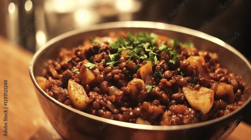 Delicious Vegetarian Dish with Lentils and Potatoes in a Bowl Delicious Vegetarian Dish with Lentils and Potatoes in a Bowl