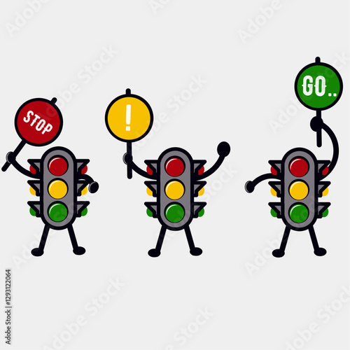 Traffic light character. Semaphores cartoon mascots, trafficlight characters green yellow red signal stop wait go command for school children road control rules vector illustration