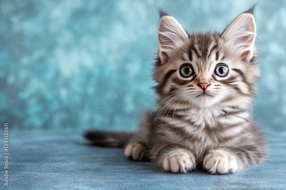 Fluffy gray kitten with big eyes resting on a textured blue surface in a bright indoor setting Fluffy gray kitten with big eyes resting on a textured blue surface in a bright indoor setting