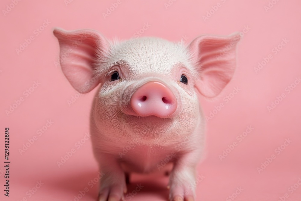 Cute piglet with soft pink skin and big eyes posing against a pastel pink background, creating an adorable and endearing atmosphere Cute piglet with soft pink skin and big eyes posing against a pastel pink background, creating an adorable and endearing atmosphere