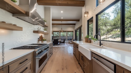 Modern kitchen  open concept  wooden beams  scenic view