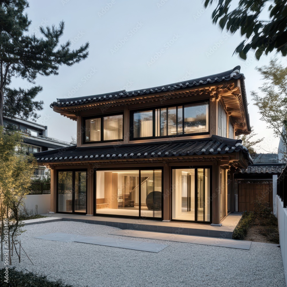 A modern Korean home with a traditional roof style A modern Korean home with a traditional roof style