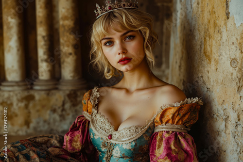 A woman wearing a tia sitting in front of a wall photo