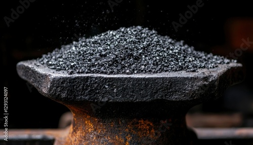 Black granules on rusty anvil in dark workshop photo