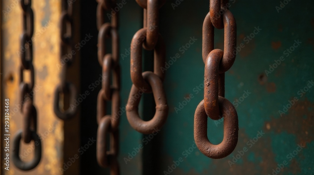 Rusty Chains Hanging Against Weathered Surface A Close-Up Study of Industrial Metal Texture Rusty Chains Hanging Against Weathered Surface A Close-Up Study of Industrial Metal Texture