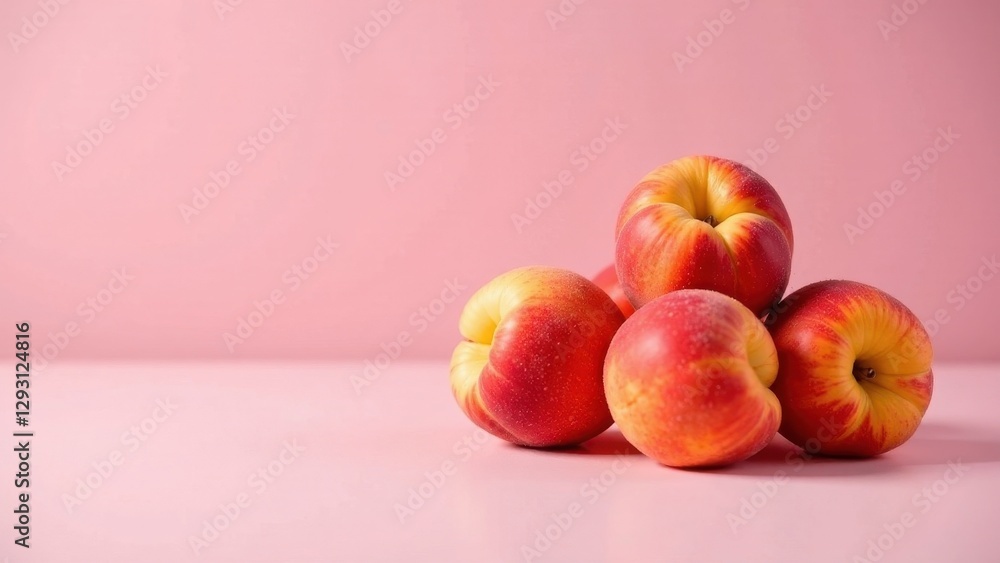 A delightful cluster of ripe nectarines rests on a pale pink surface against a soft pink backdrop. A delightful cluster of ripe nectarines rests on a pale pink surface against a soft pink backdrop.