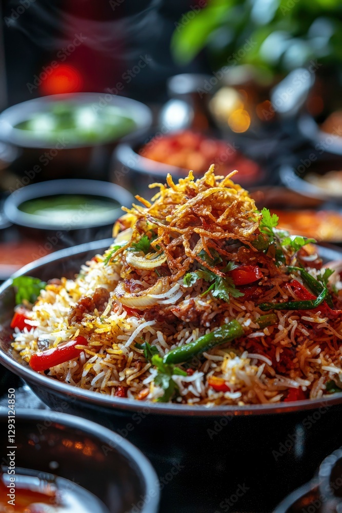 Steaming Biryani with Crispy Onions, Herbs, and Spices Steaming Biryani with Crispy Onions, Herbs, and Spices