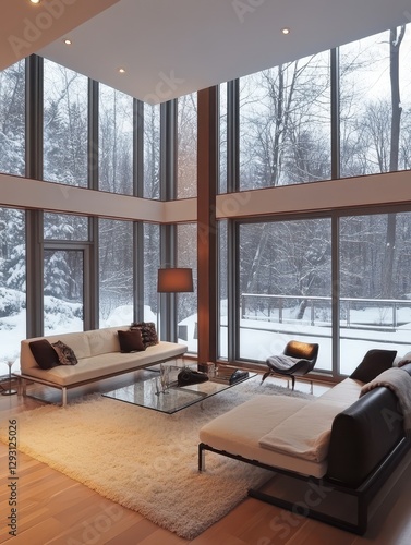 An elegant modern living room with winter view and snow photo