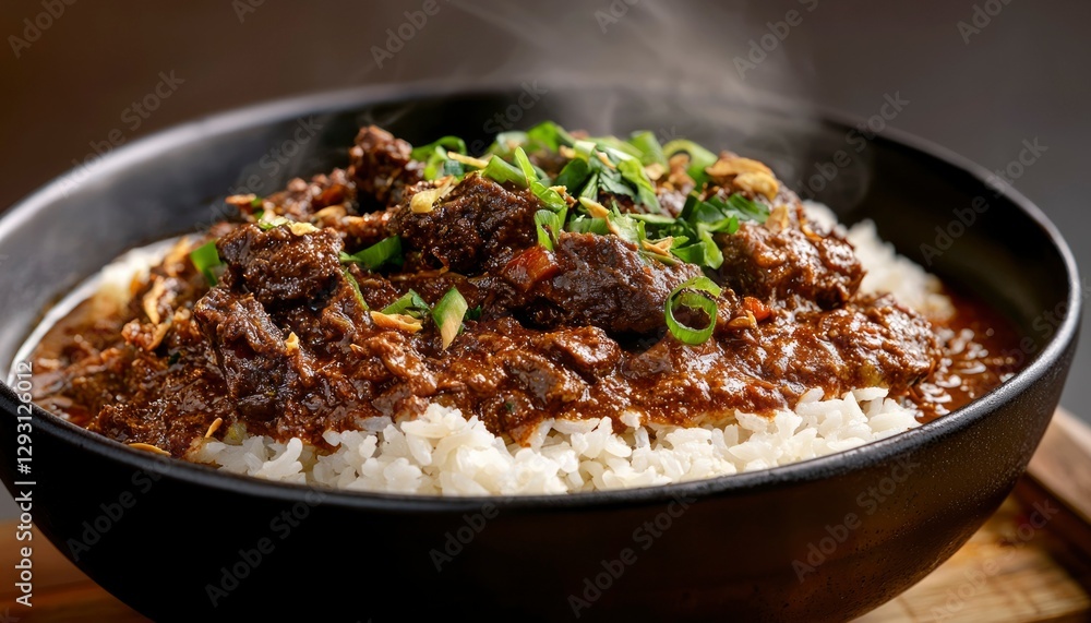 Steaming Beef Rendang on Rice in Black Bowl Steaming Beef Rendang on Rice in Black Bowl