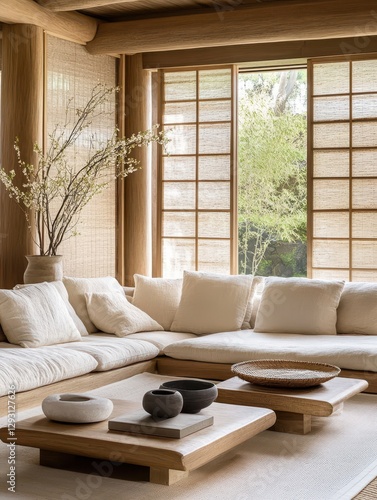 Japanese inspired living room with furniture and a window photo