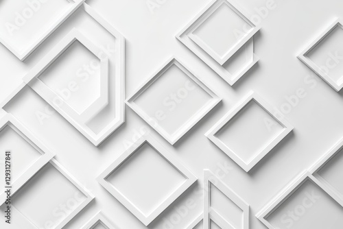 Decorative arrangement of white frames on a smooth surface with varying shapes and sizes showcasing a minimalist design