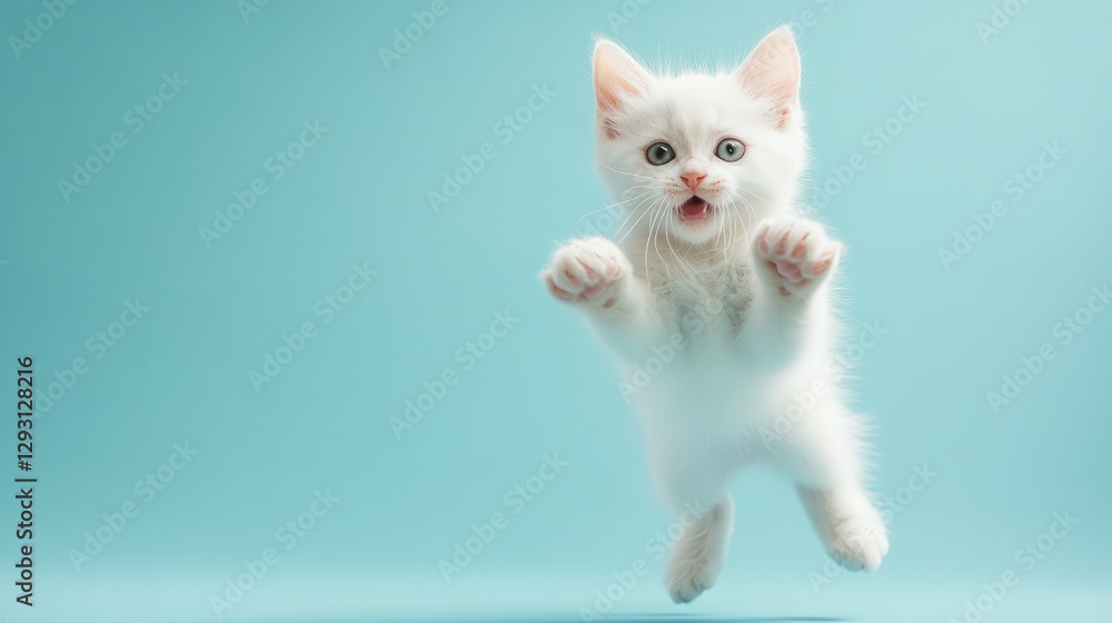 Fototapeta premium Happy white kitten jumping with funny expression. Copy space. mock up.