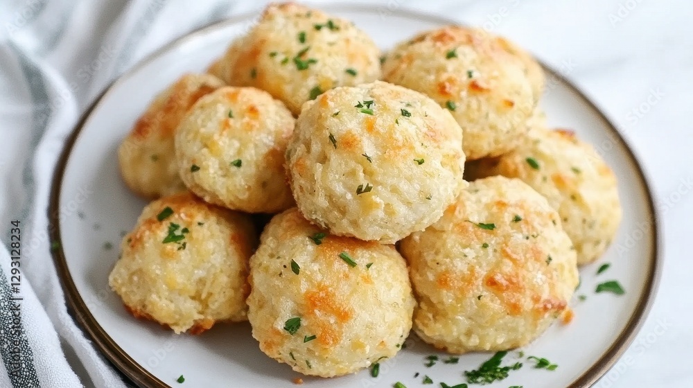 Savory Cheese Biscuits Freshly Baked on White Plate with Herbs Savory Cheese Biscuits Freshly Baked on White Plate with Herbs