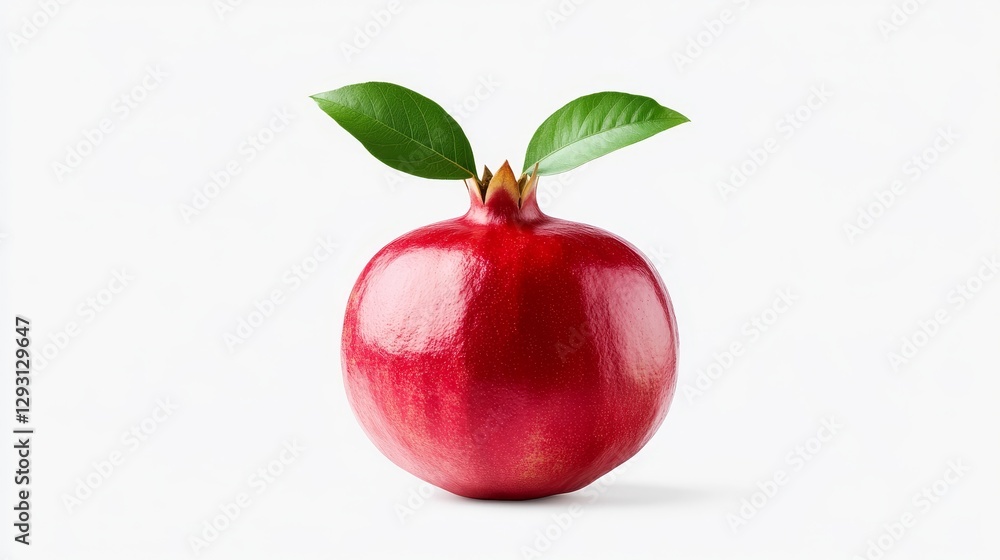 Fresh Red Pomegranate with Green Leaves on White Background Fresh Red Pomegranate with Green Leaves on White Background