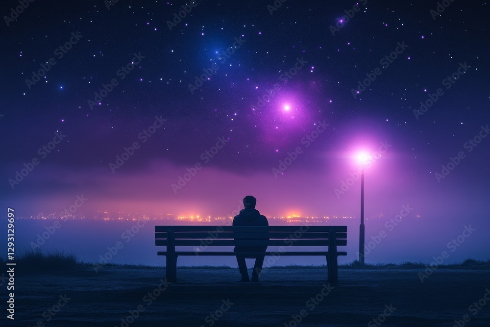 Stargazer sits on a bench overlooking a city illuminated by distant lights at night Stargazer sits on a bench overlooking a city illuminated by distant lights at night