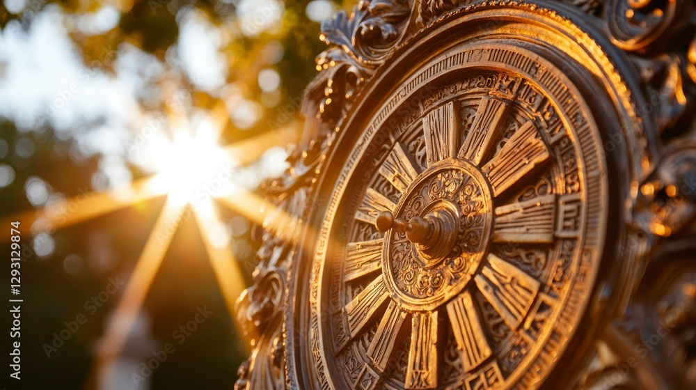 Ornate sundial glows in park at sunset Ornate sundial glows in park at sunset