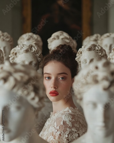 A woman surrounded by classical busts, symbolizing beauty, history, and the interaction of art and identity.
