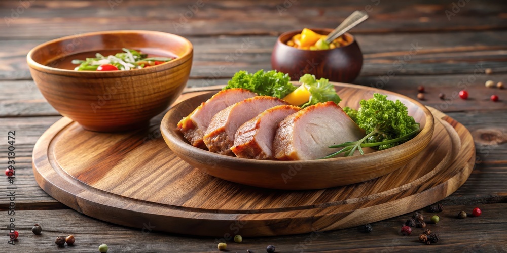 Ravitoto dish on wooden plate, wooden bowl, pork Ravitoto dish on wooden plate, wooden bowl, pork