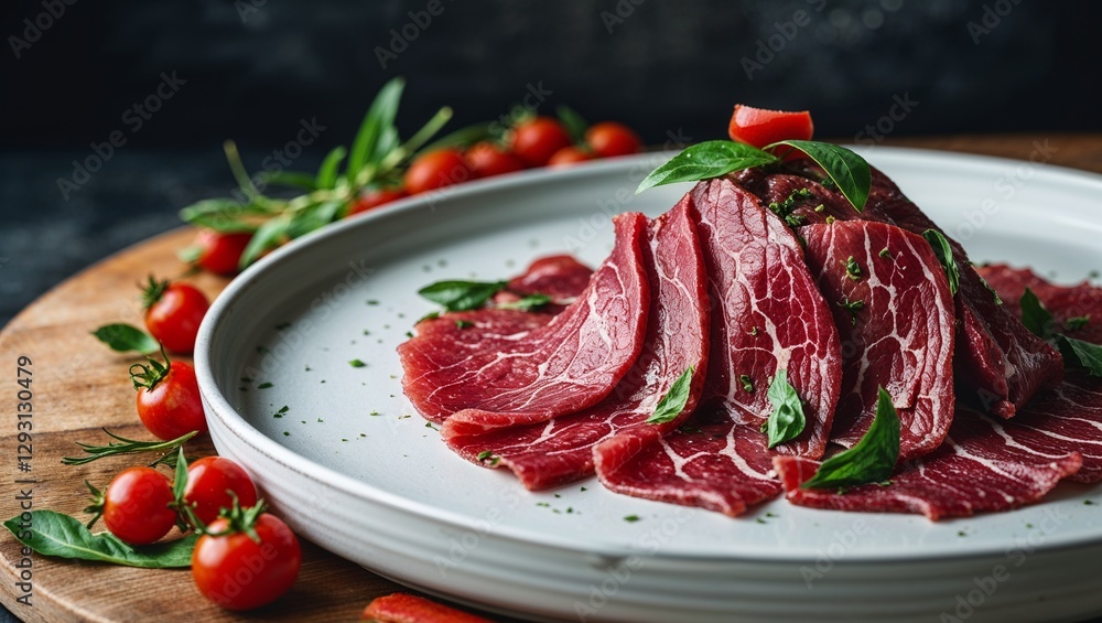 Beef Carpaccio, on matte white ceramic dish Beef Carpaccio, on matte white ceramic dish