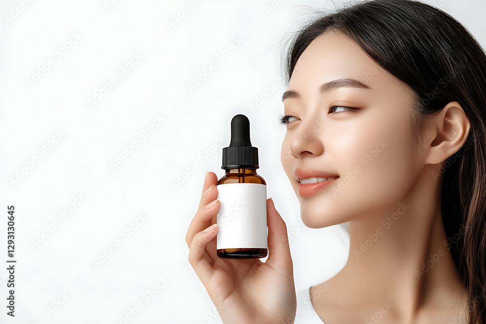 Serene Asian Woman Holding Amber Glass Dropper Bottle – Skincare Advertising Serene Asian Woman Holding Amber Glass Dropper Bottle – Skincare Advertising