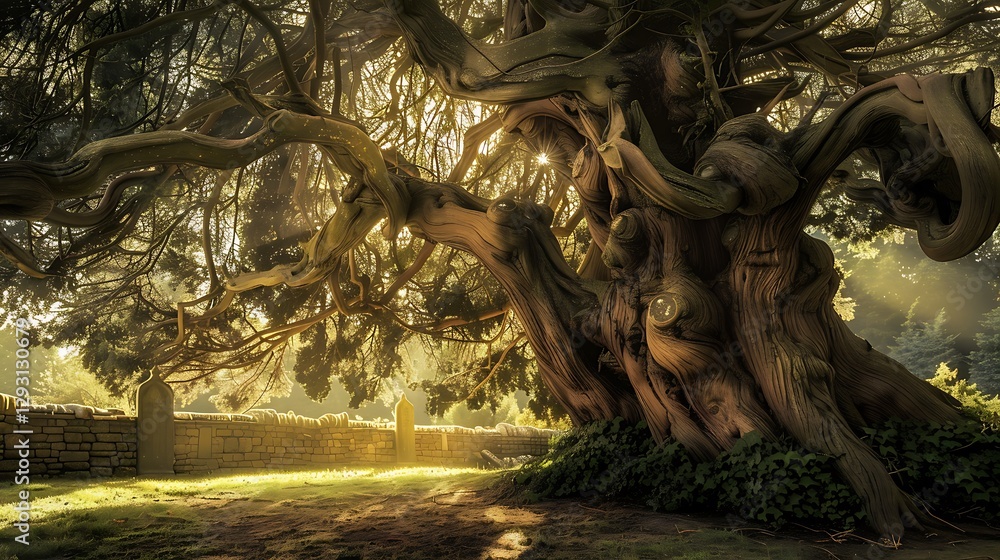 Naklejka premium Majestic Ancient Tree with Intricate Twisting Branches in a Tranquil Landscape
