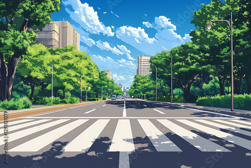 Anime Style background City Street with Crosswalk and Skyline