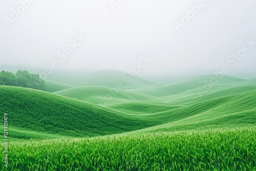 Lush green hills with mist creating a serene landscape in a rural area during a calm morning