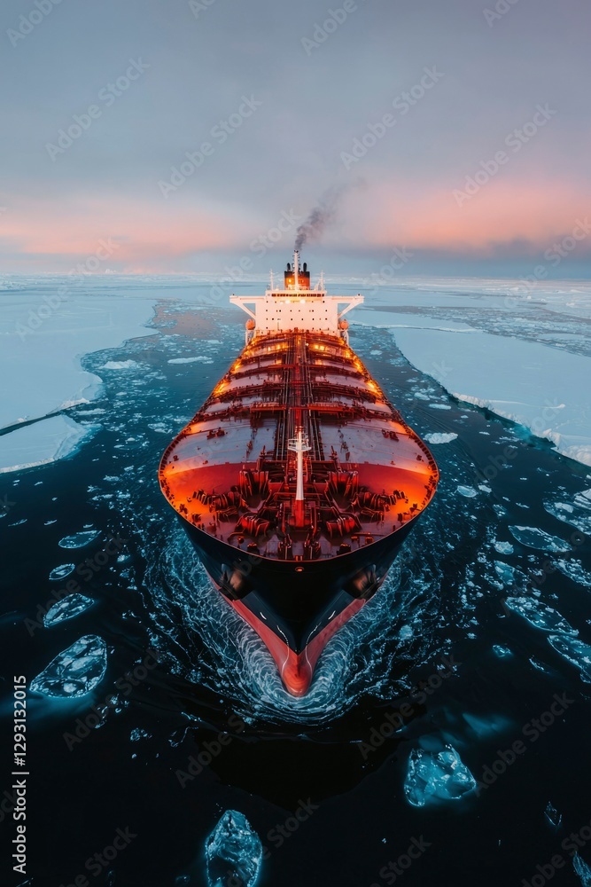 Obraz premium Cargo Ship Navigating Icy Arctic Waters at Sunset