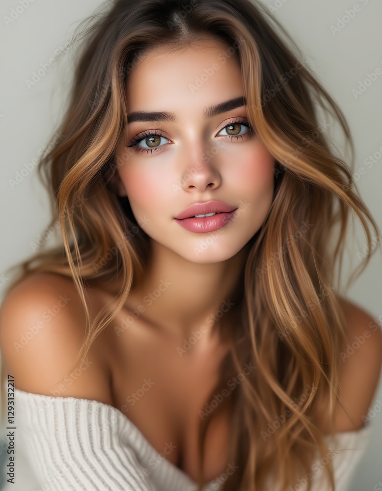 Stunning Woman with Long Wavy Brown Hair and Soft Makeup Stunning Woman with Long Wavy Brown Hair and Soft Makeup