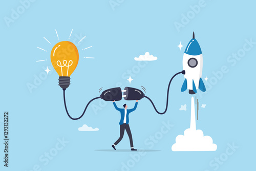 Entrepreneur business idea creating startup company, start new business with creativity, innovation, company founder, inventor or development, businessman connect lightbulb idea with launching rocket.