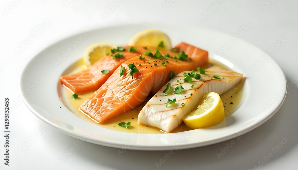 Delicious salmon and white fish fillets on a white plate with lemon and herbs Delicious salmon and white fish fillets on a white plate with lemon and herbs