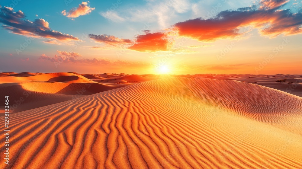 Serene Desert Sunset with Gentle Dunes and Colorful Sky Serene Desert Sunset with Gentle Dunes and Colorful Sky