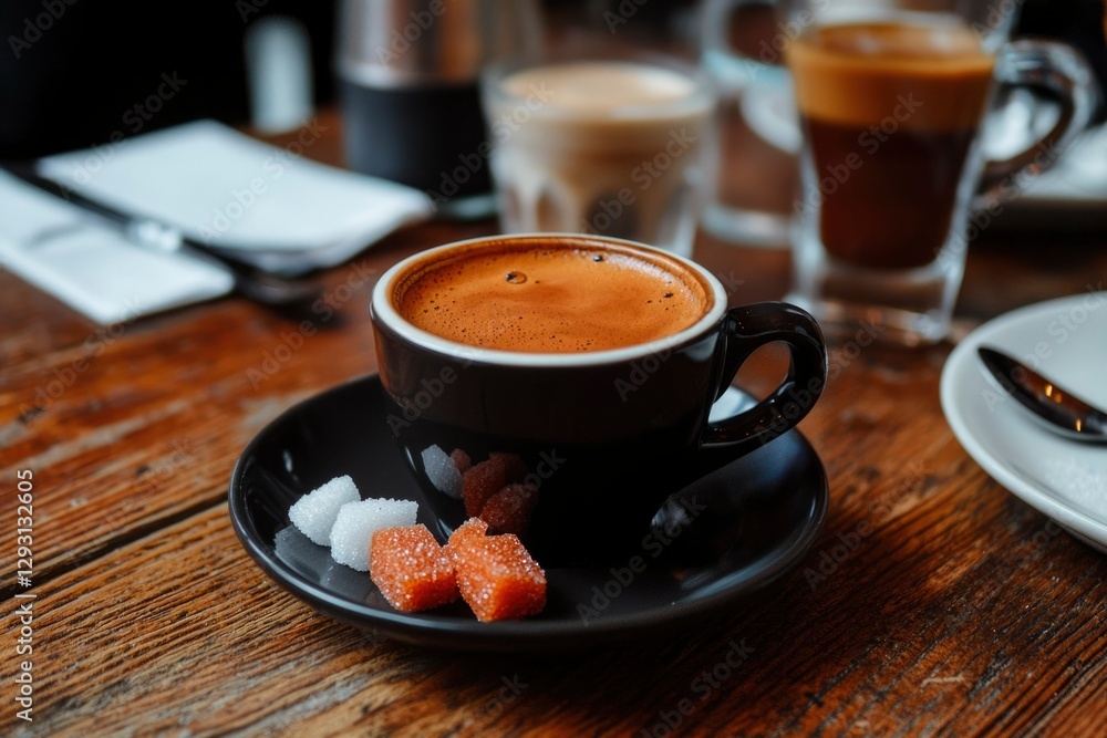 Black coffee cup with sugar on cafe table Black coffee cup with sugar on cafe table