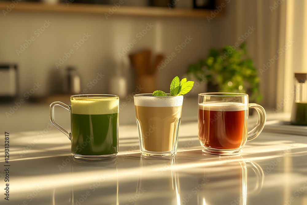 A trio of delectable beverages bathed in soft, golden light in the kitchen A trio of delectable beverages bathed in soft, golden light in the kitchen