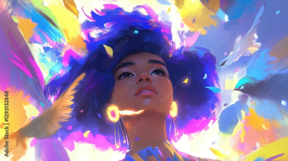 Woman Surrounded By Colorful Birds And Abstract Art Woman Surrounded By Colorful Birds And Abstract Art