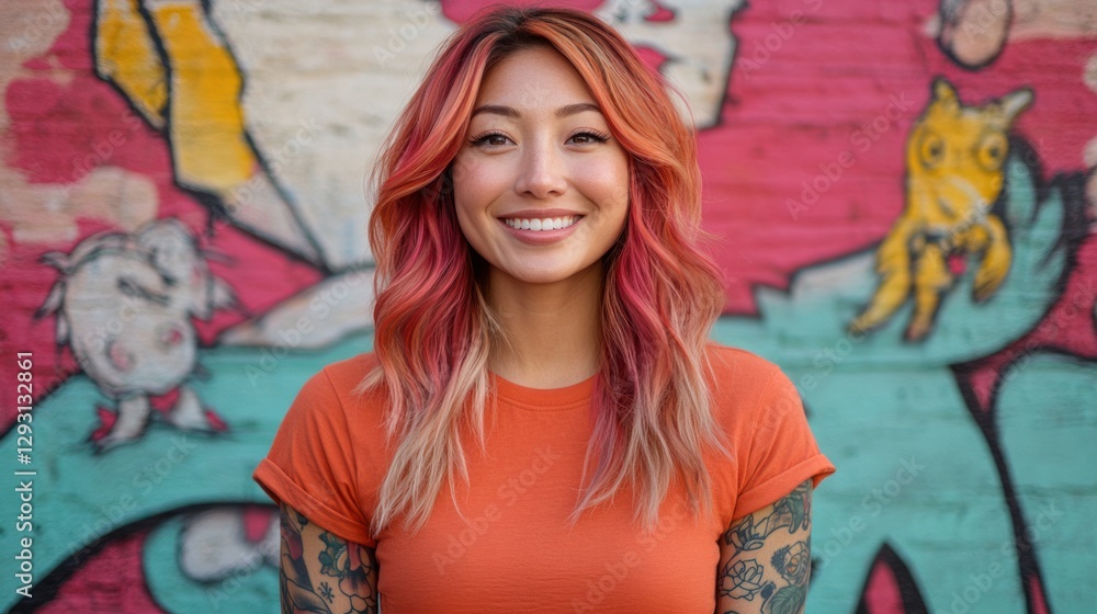 Fototapeta premium A young woman with red hair and tattoos, smiling warmly at the camera, stands in front of a graffiti-covered wall in the city. The wall is replete with bright colors and expressive street art.