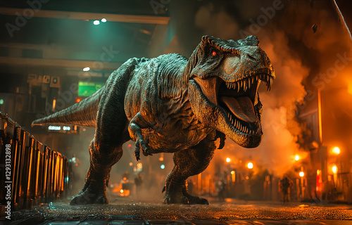 A monstrous Indominus Rex smashes through a reinforced fence, symbolizing power and danger